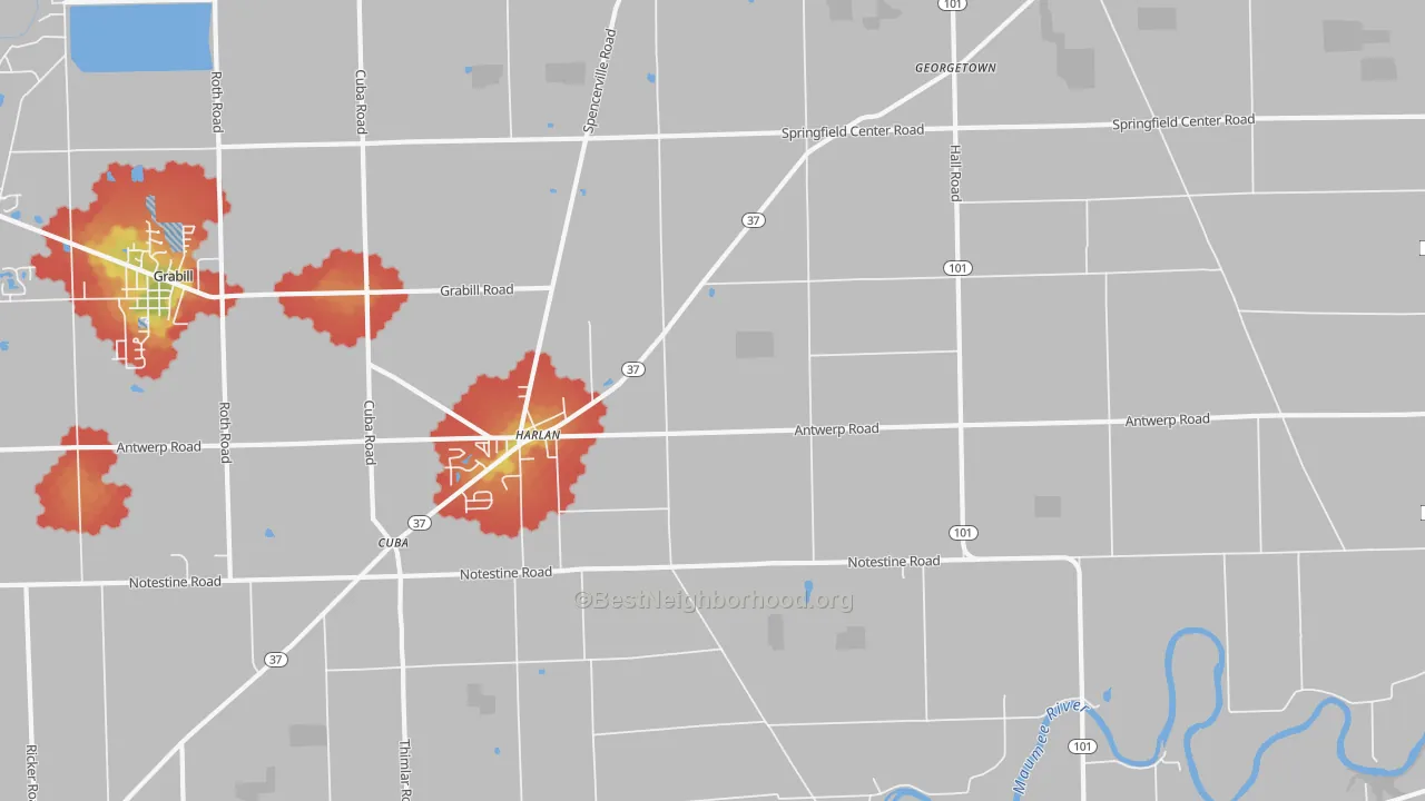 Walk Grade map of Harlan, IN, walkable areas in green and car-dependent areas in red