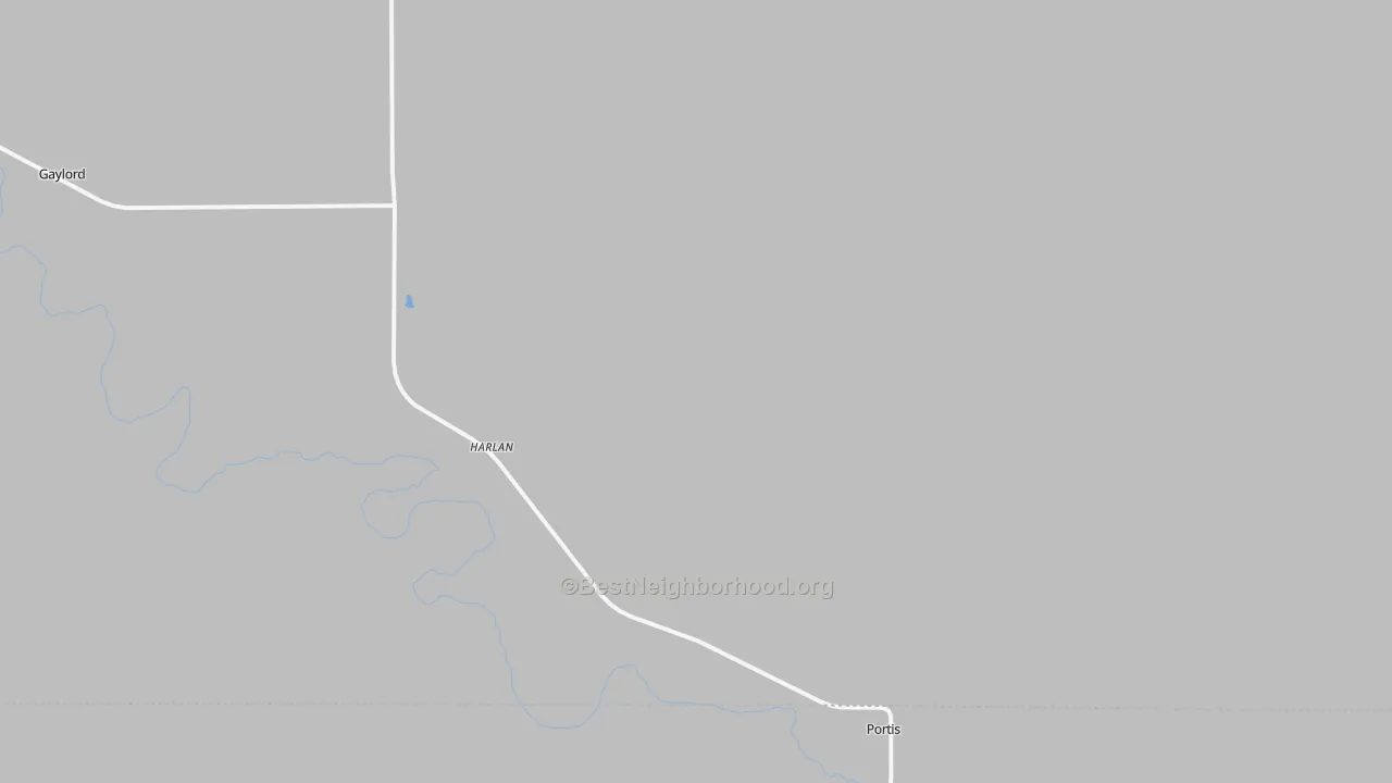 Walk Grade map of Harlan, KS, walkable areas in green and car-dependent areas in red