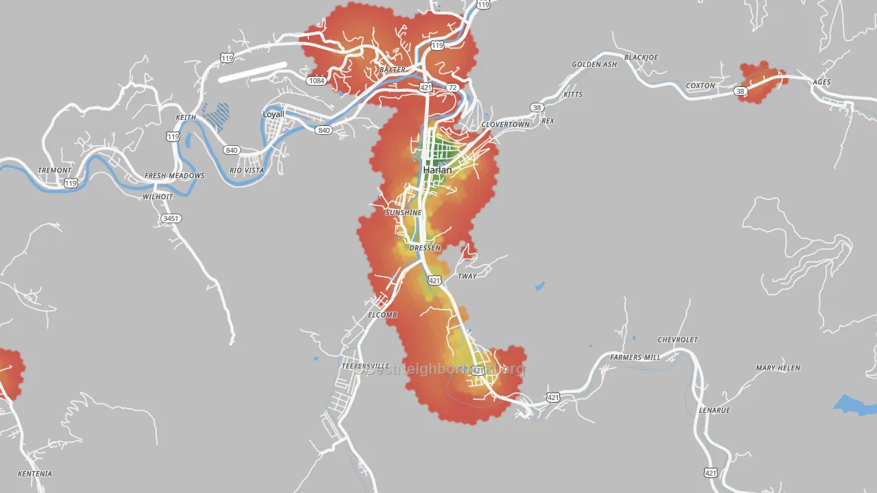 Walk Grade map of Harlan, KY, walkable areas in green and car-dependent areas in red