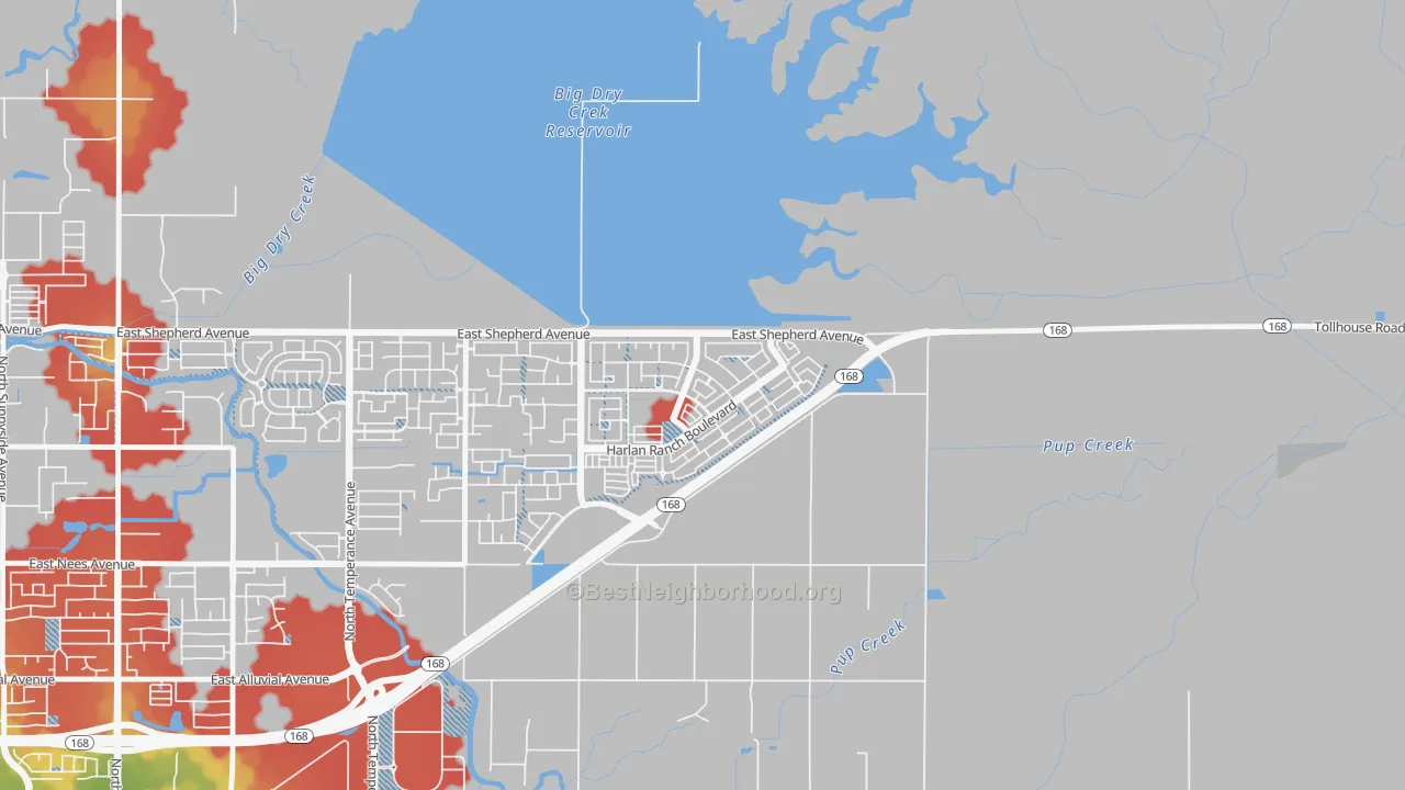 Walk Grade map of Harlan Ranch, Clovis, CA, walkable areas in green and car-dependent areas in red