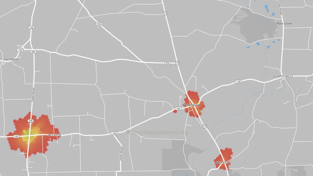 Walk Grade map of Harlansburg, PA, walkable areas in green and car-dependent areas in red