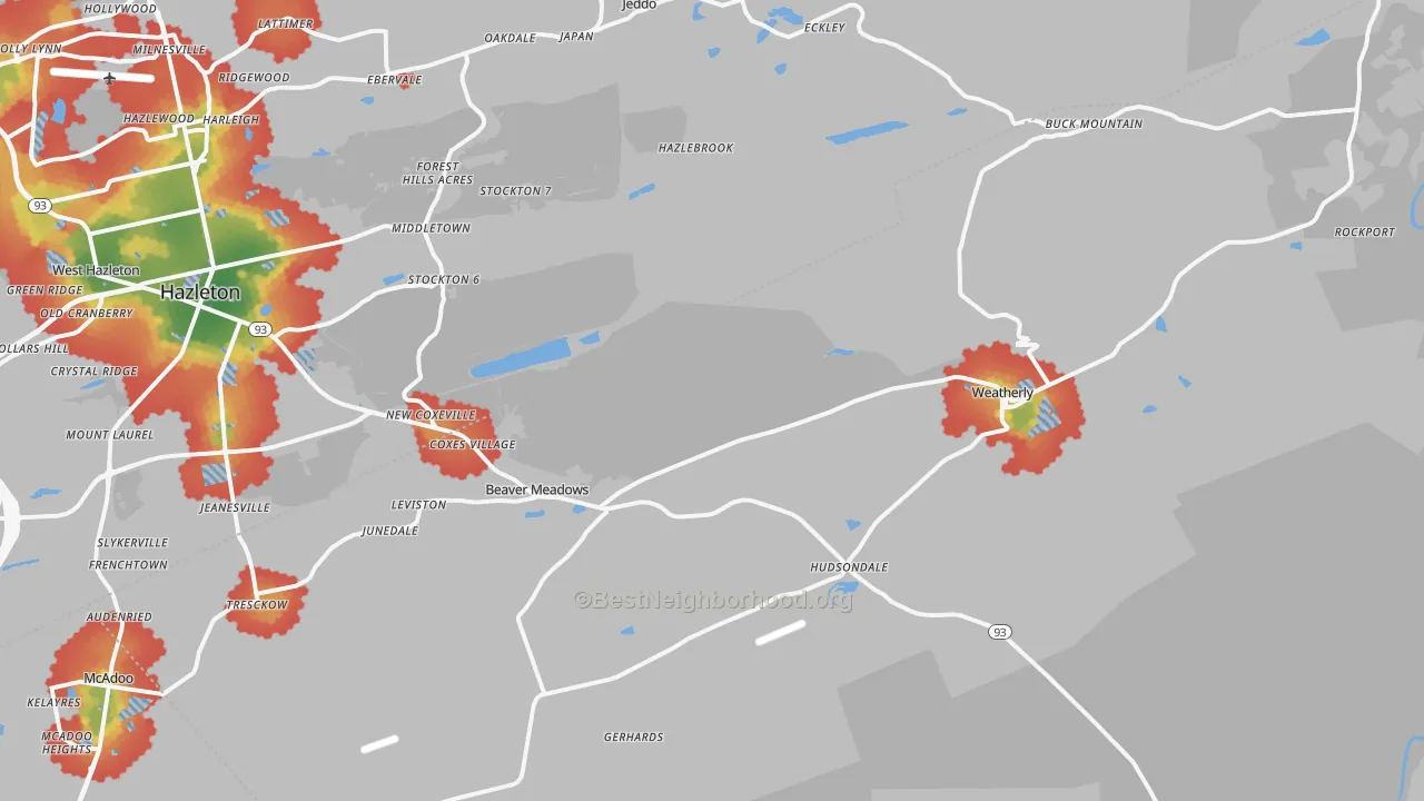 Walk Grade map of Harleigh, PA, walkable areas in green and car-dependent areas in red