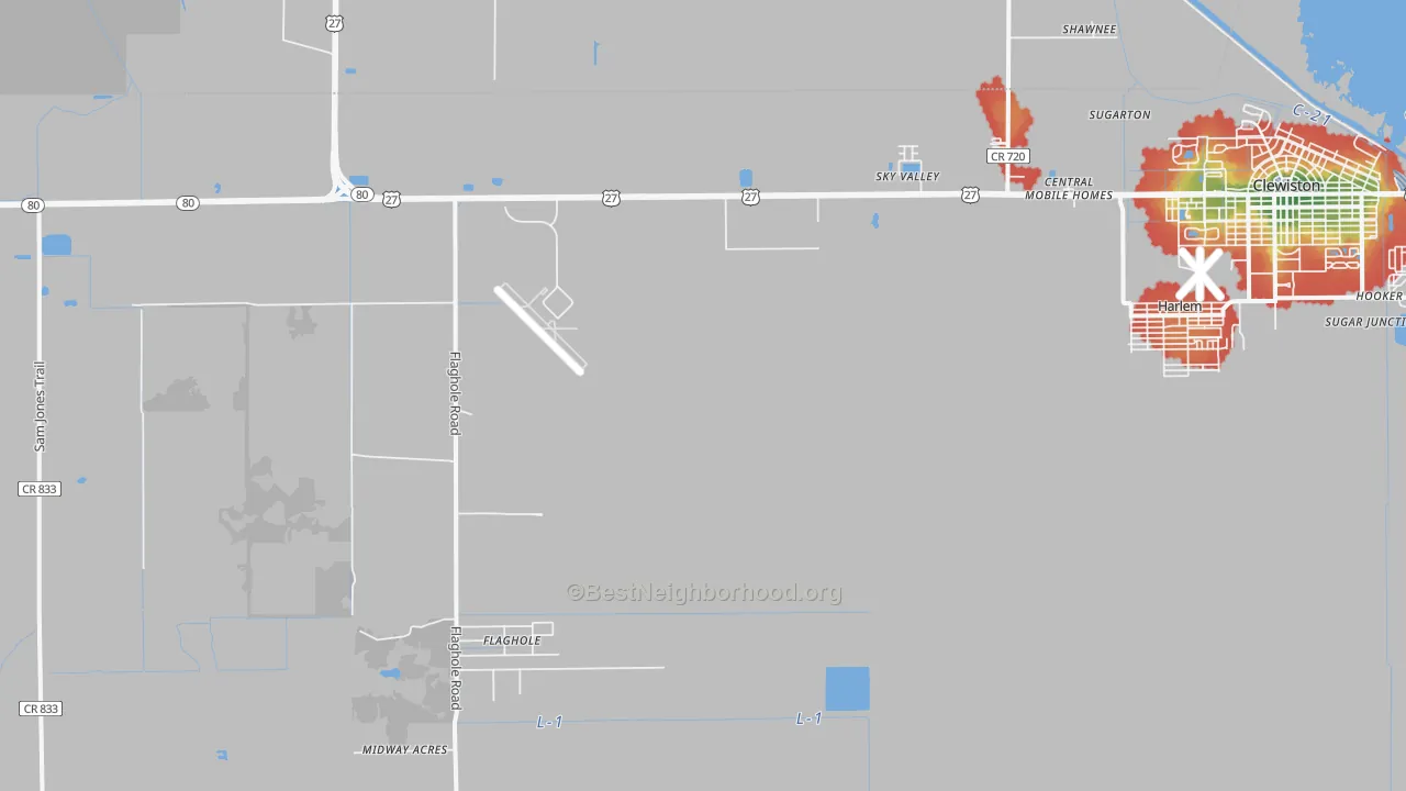 Walk Grade map of Harlem, FL, walkable areas in green and car-dependent areas in red