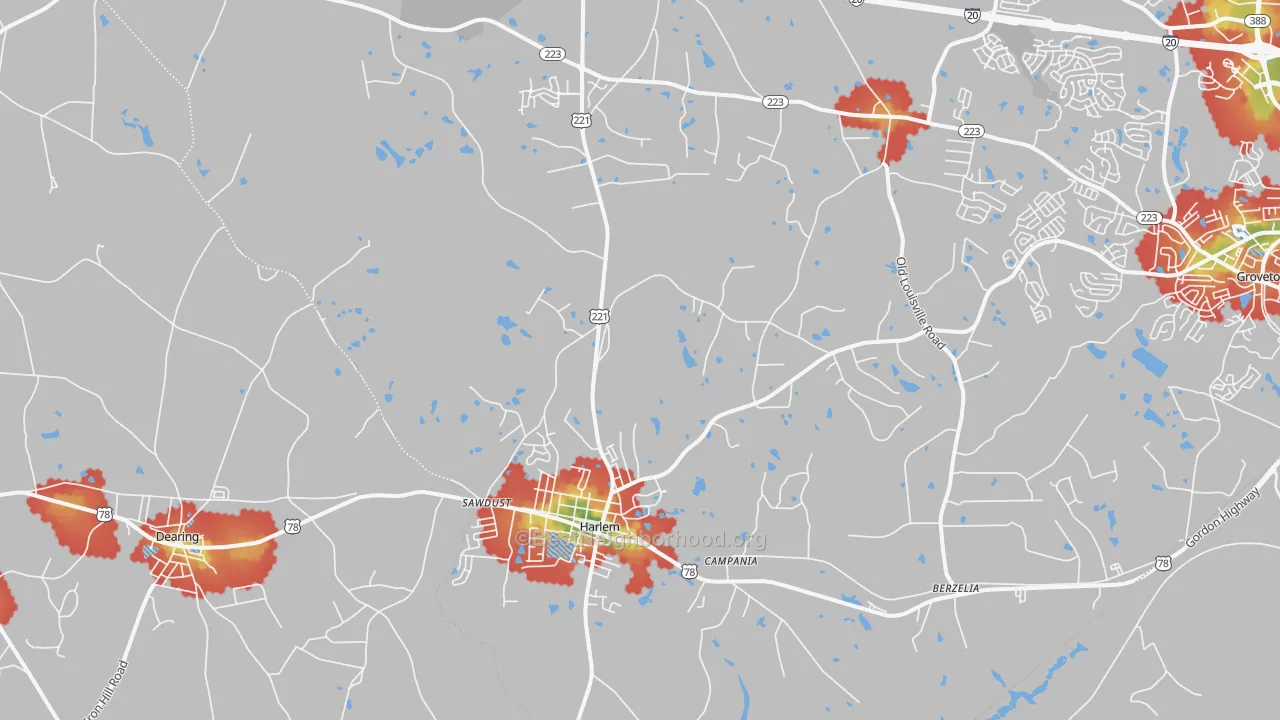 Walk Grade map of Harlem, GA, walkable areas in green and car-dependent areas in red