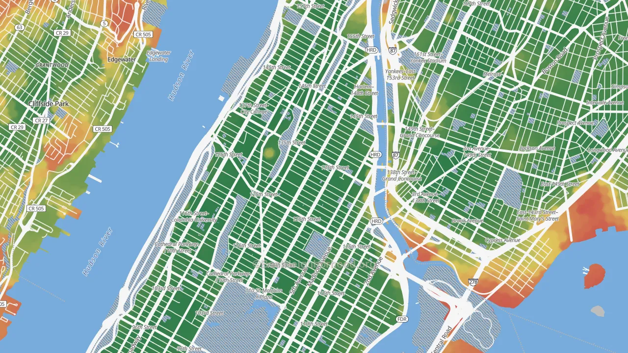Walk Grade map of Harlem, Manhattan, NY, walkable areas in green and car-dependent areas in red