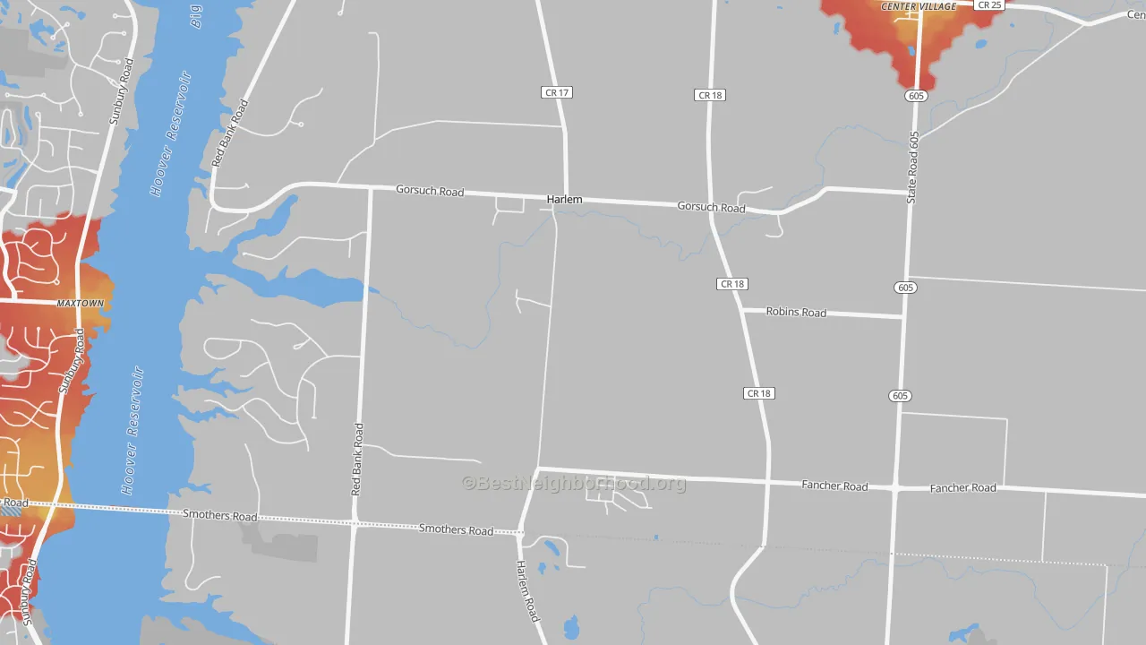 Walk Grade map of Harlem, OH, walkable areas in green and car-dependent areas in red