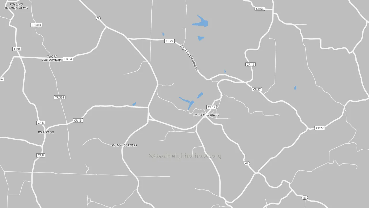 Walk Grade map of Harlem Springs, OH, walkable areas in green and car-dependent areas in red
