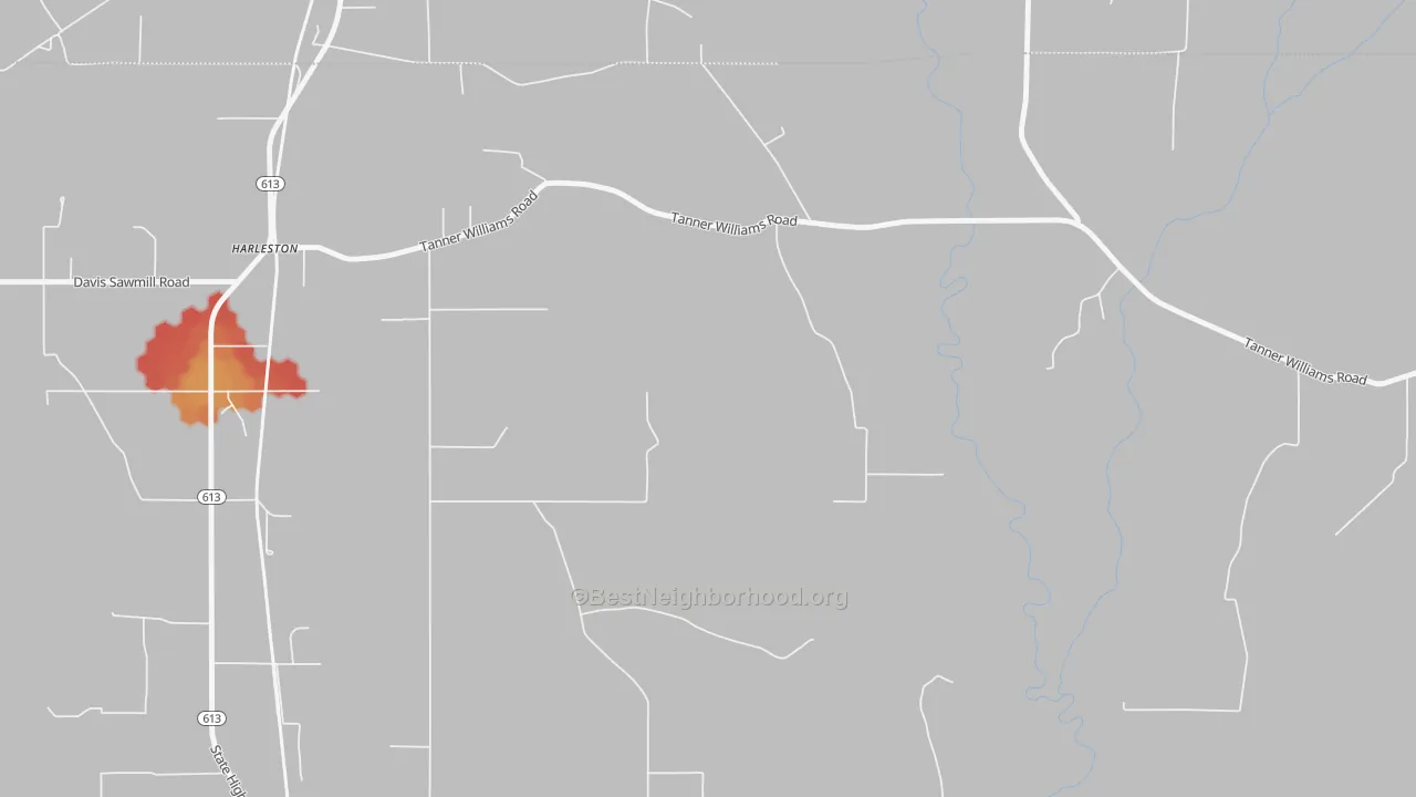 Walk Grade map of Harleston, MS, walkable areas in green and car-dependent areas in red