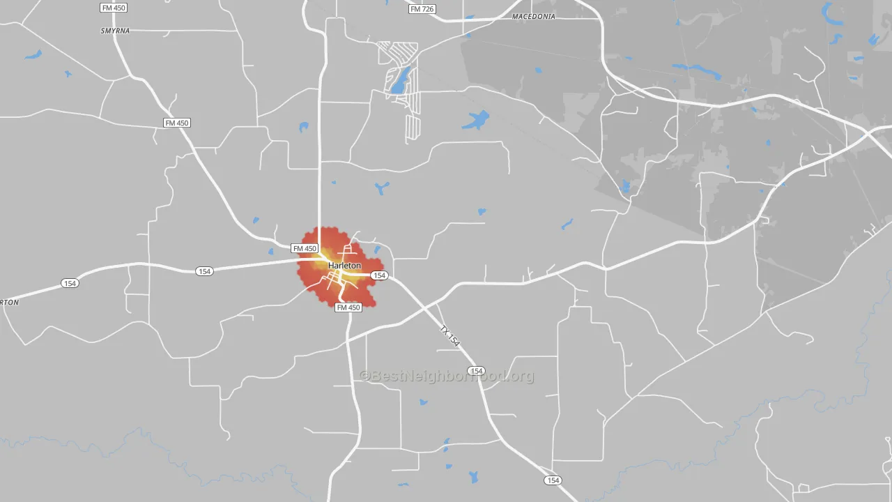 Walk Grade map of Harleton, TX, walkable areas in green and car-dependent areas in red