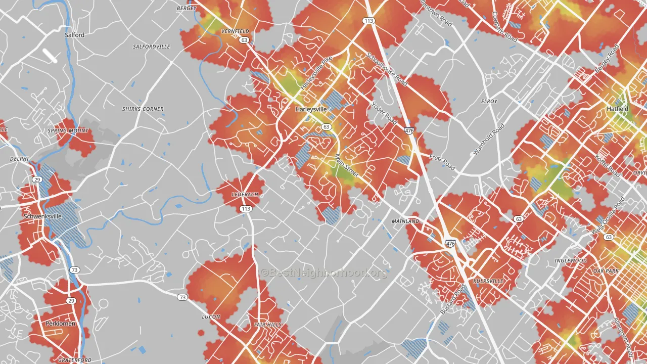 Walk Grade map of Harleysville, PA, walkable areas in green and car-dependent areas in red