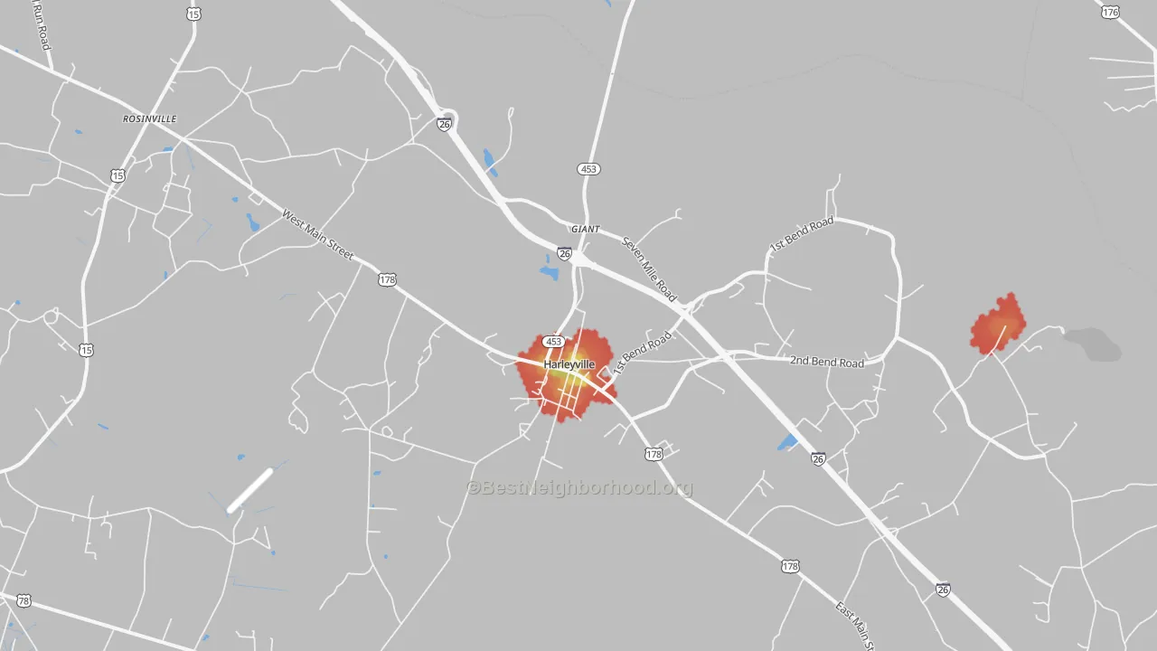 Walk Grade map of Harleyville, SC, walkable areas in green and car-dependent areas in red