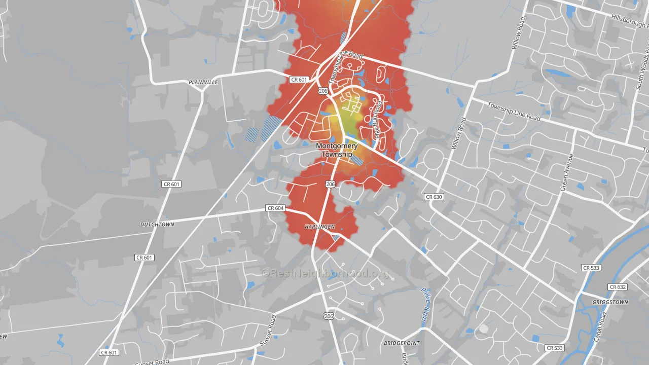 Walk Grade map of Harlingen, NJ, walkable areas in green and car-dependent areas in red