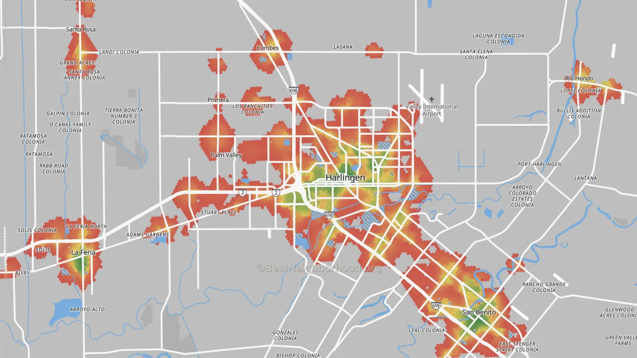 Walk Grade map of Harlingen, TX, walkable areas in green and car-dependent areas in red