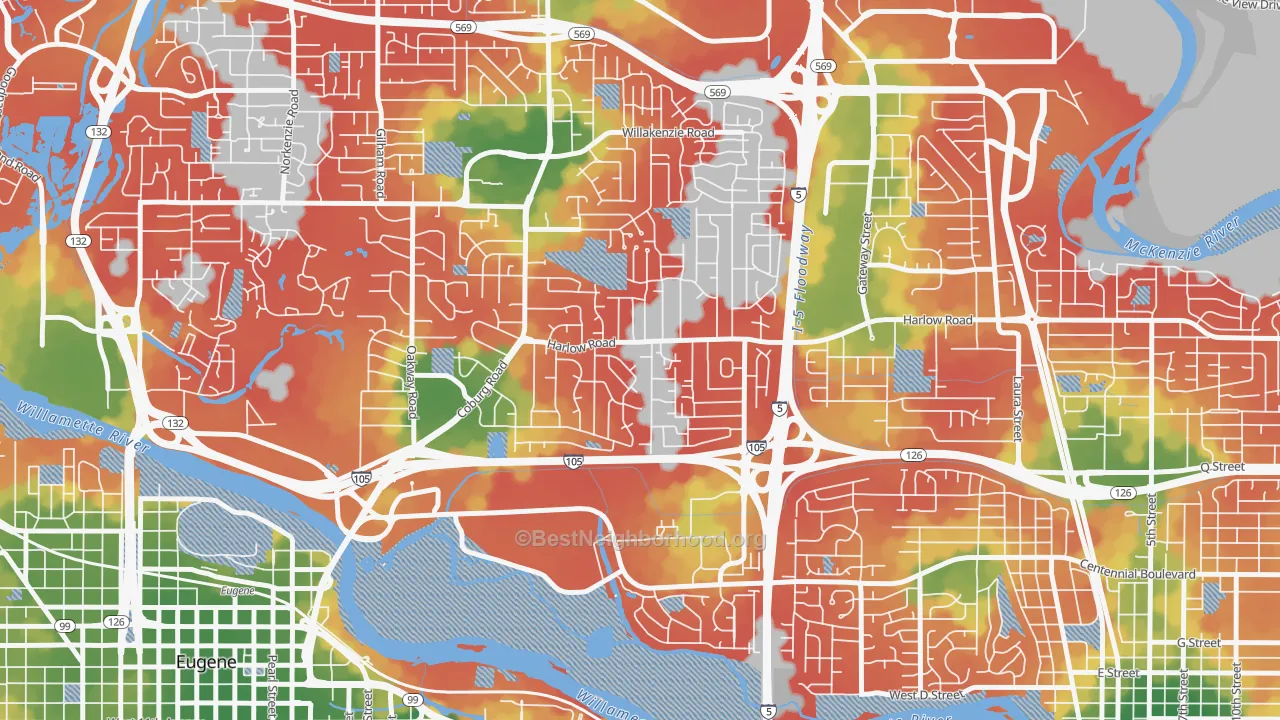 Walk Grade map of Harlow, Eugene, OR, walkable areas in green and car-dependent areas in red