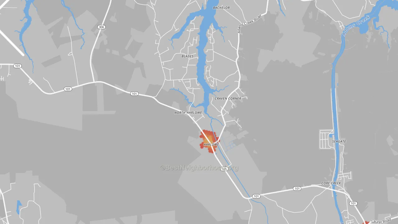 Walk Grade map of Harlowe, NC, walkable areas in green and car-dependent areas in red
