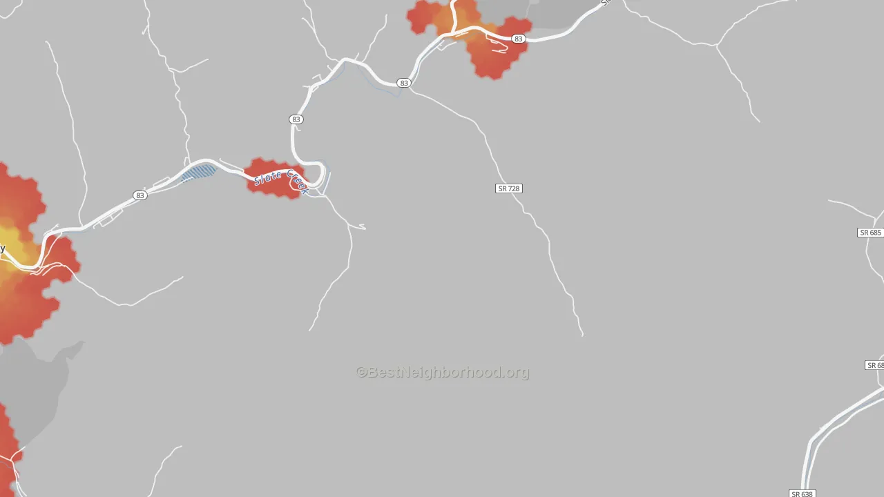 Walk Grade map of Harman, VA, walkable areas in green and car-dependent areas in red
