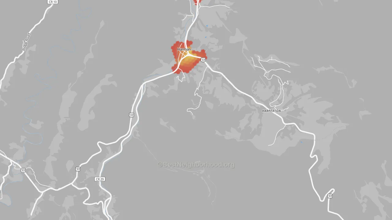 Walk Grade map of Harman, WV, walkable areas in green and car-dependent areas in red