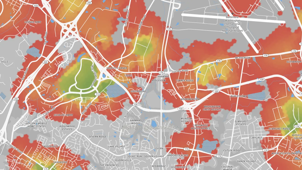 Walk Grade map of Harmans, MD, walkable areas in green and car-dependent areas in red