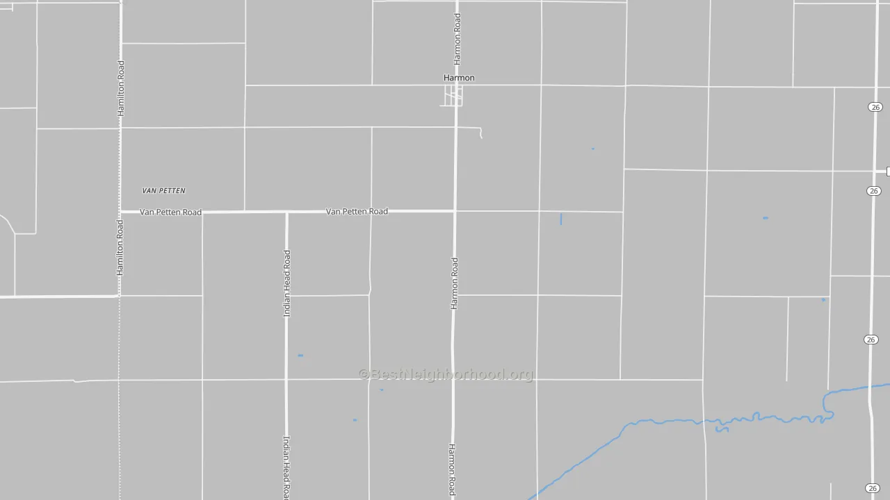 Walk Grade map of Harmon, IL, walkable areas in green and car-dependent areas in red