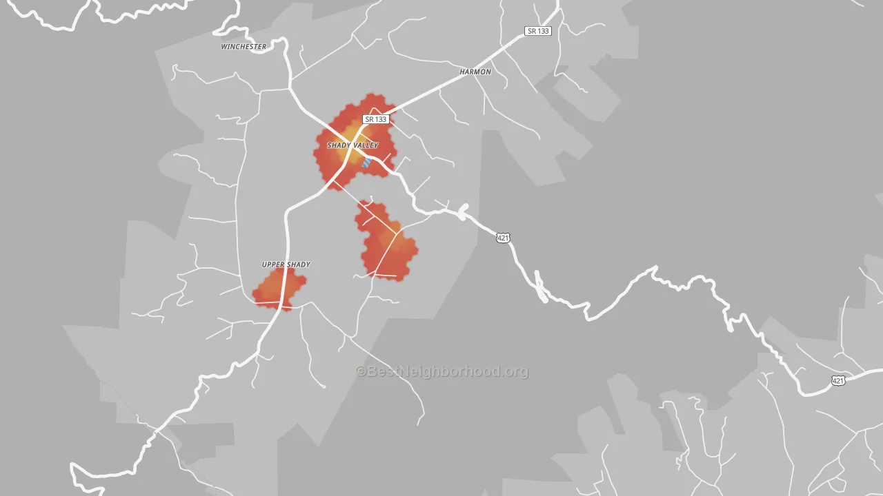 Walk Grade map of Harmon, TN, walkable areas in green and car-dependent areas in red