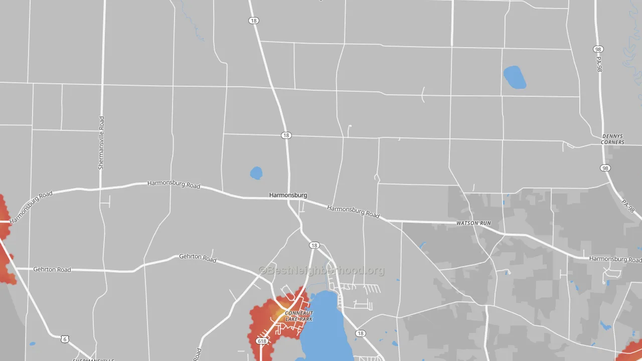 Walk Grade map of Harmonsburg, PA, walkable areas in green and car-dependent areas in red
