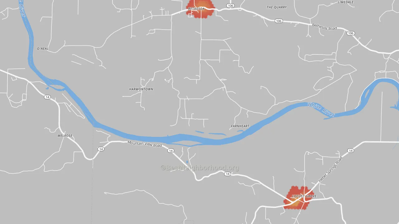 Walk Grade map of Harmontown, AR, walkable areas in green and car-dependent areas in red