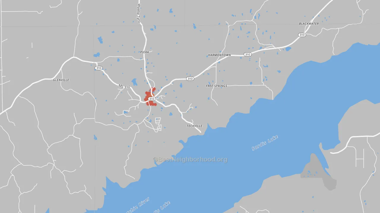 Walk Grade map of Harmontown, MS, walkable areas in green and car-dependent areas in red