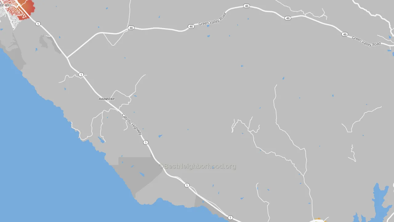 Walk Grade map of Harmony, CA, walkable areas in green and car-dependent areas in red