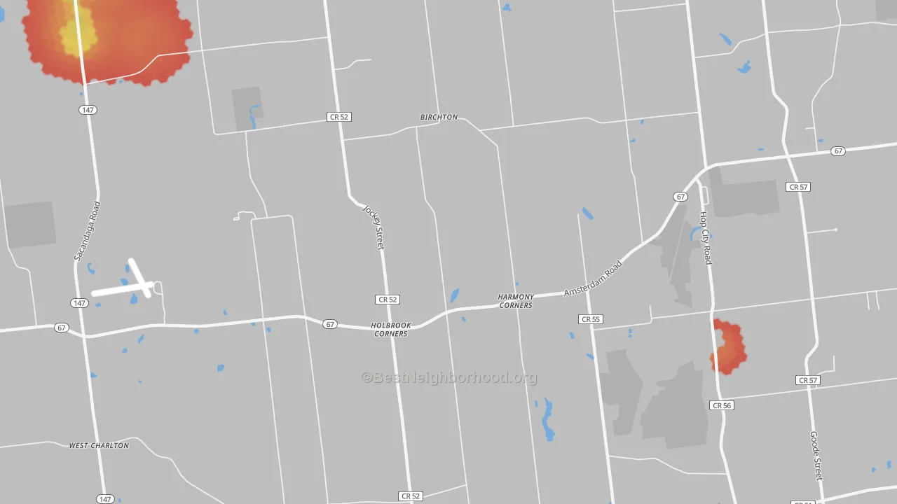 Walk Grade map of Harmony Corners, NY, walkable areas in green and car-dependent areas in red