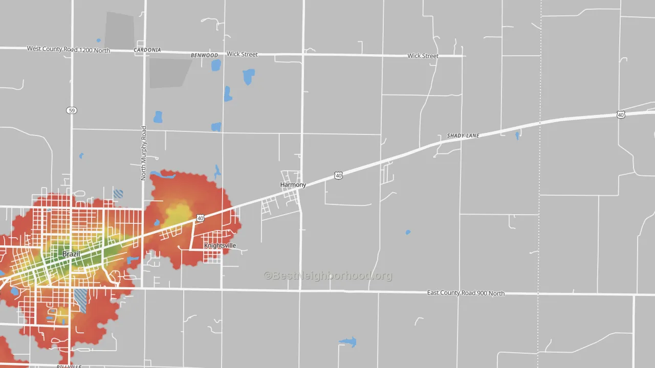 Walk Grade map of Harmony, IN, walkable areas in green and car-dependent areas in red