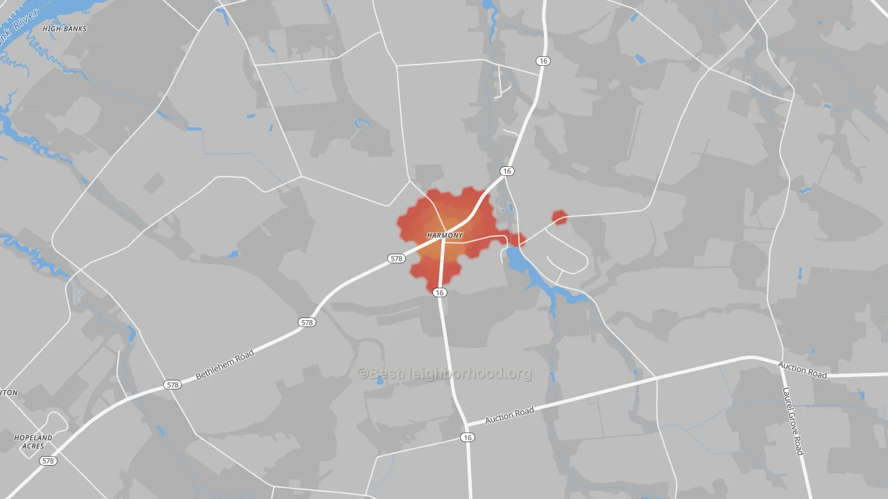 Walk Grade map of Harmony, MD, walkable areas in green and car-dependent areas in red