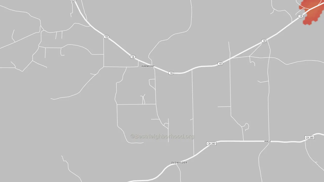 Walk Grade map of Harmony, MS, walkable areas in green and car-dependent areas in red