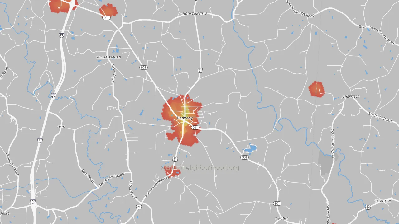 Walk Grade map of Harmony, NC, walkable areas in green and car-dependent areas in red