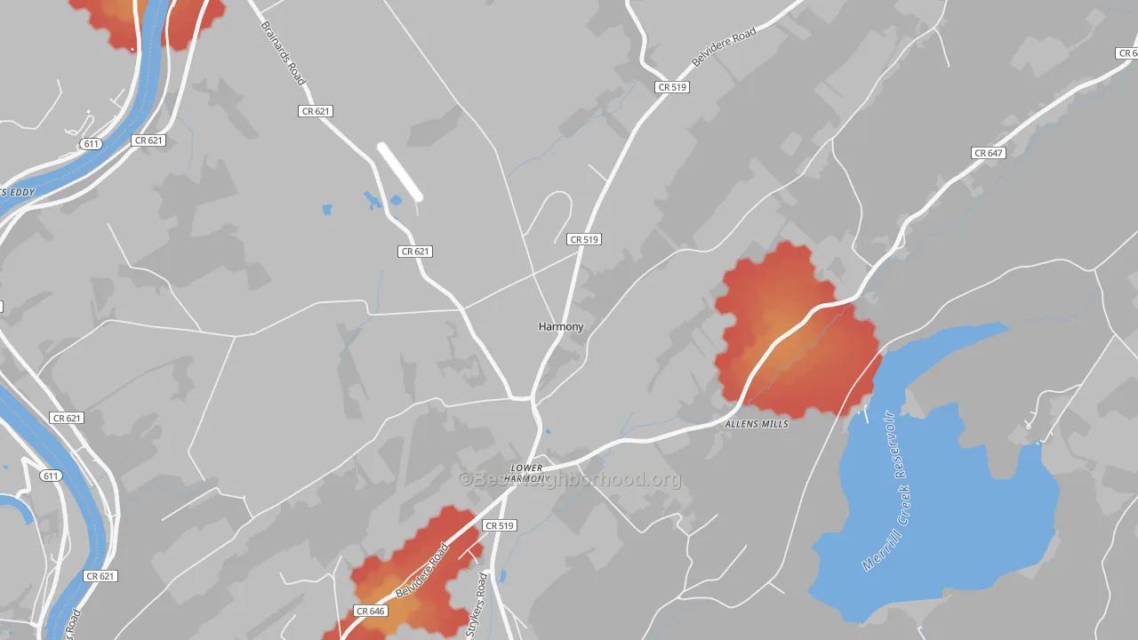 Walk Grade map of Harmony, NJ, walkable areas in green and car-dependent areas in red