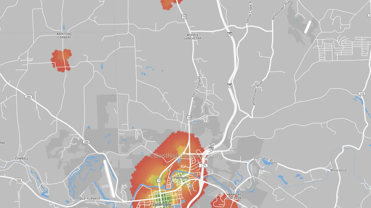 Walk Grade map of Harmony, PA, walkable areas in green and car-dependent areas in red