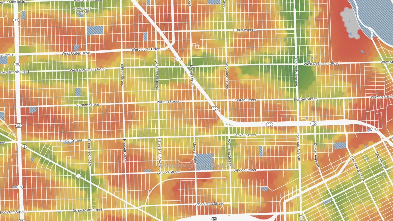 Walk Grade map of Harmony Village, Detroit, MI, walkable areas in green and car-dependent areas in red
