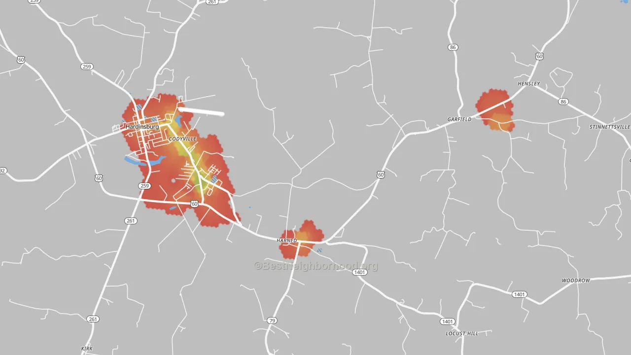 Walk Grade map of Harned, KY, walkable areas in green and car-dependent areas in red