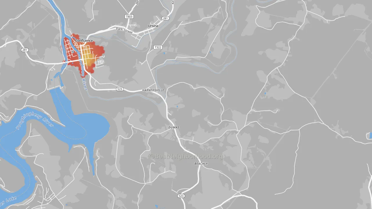 Walk Grade map of Harnedsville, PA, walkable areas in green and car-dependent areas in red