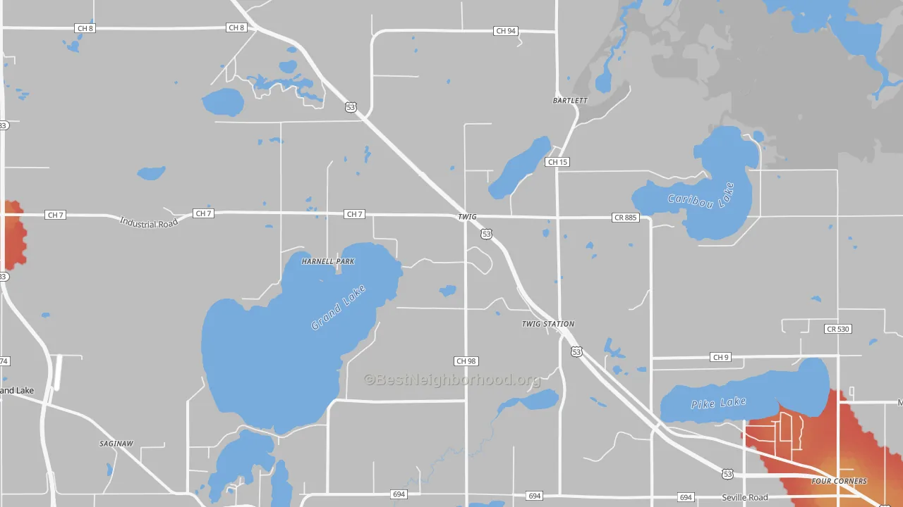 Walk Grade map of Harnell Park, MN, walkable areas in green and car-dependent areas in red