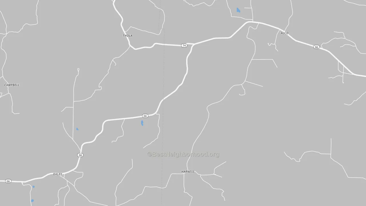 Walk Grade map of Harness, AR, walkable areas in green and car-dependent areas in red