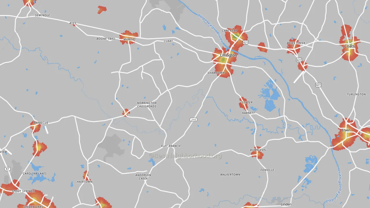 Walk Grade map of Harnett County, NC, walkable areas in green and car-dependent areas in red