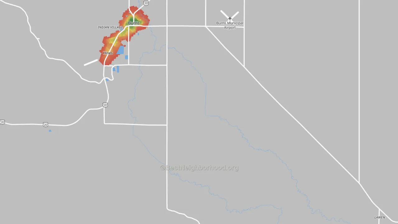 Walk Grade map of Harney County, OR, walkable areas in green and car-dependent areas in red