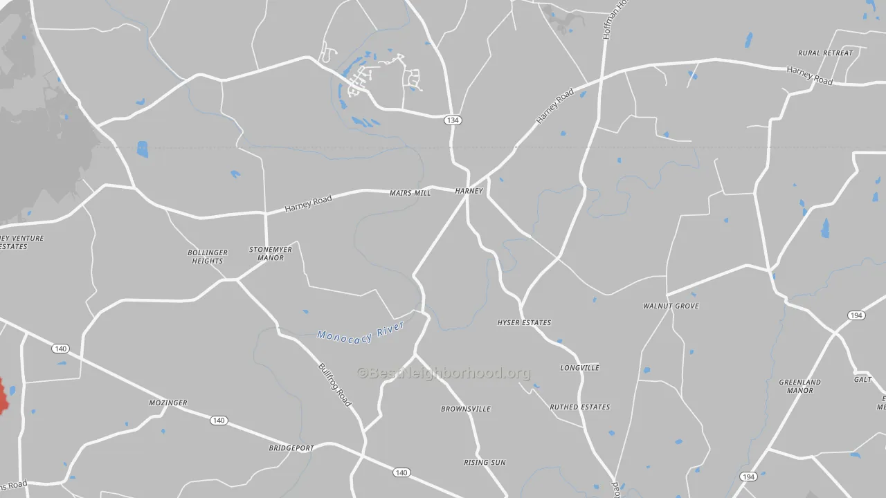 Walk Grade map of Harney, MD, walkable areas in green and car-dependent areas in red