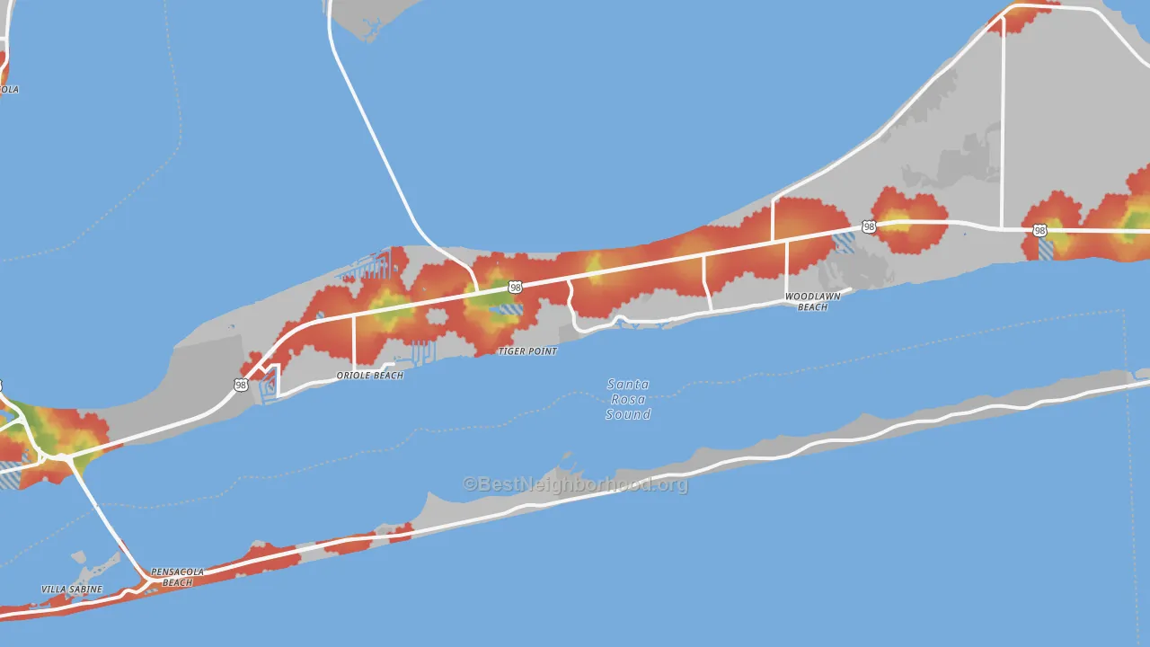 Walk Grade map of Harold, FL, walkable areas in green and car-dependent areas in red