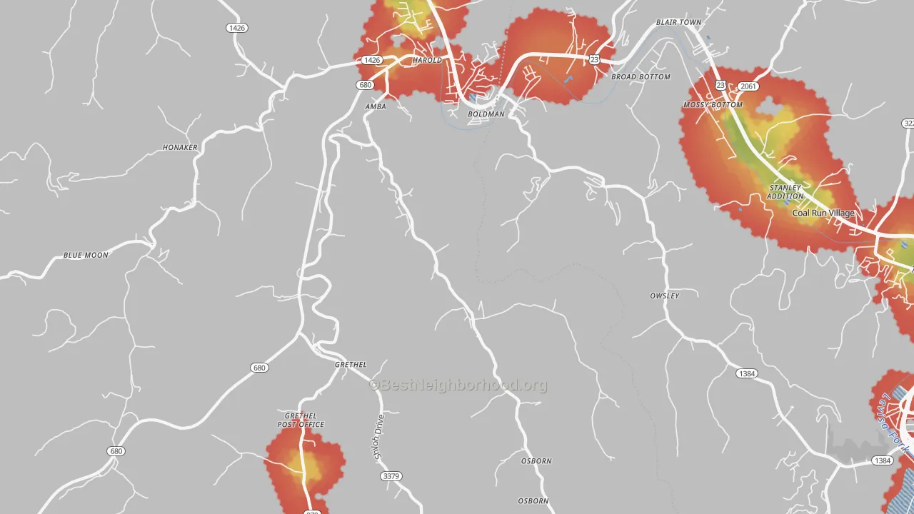 Walk Grade map of Harold, KY, walkable areas in green and car-dependent areas in red