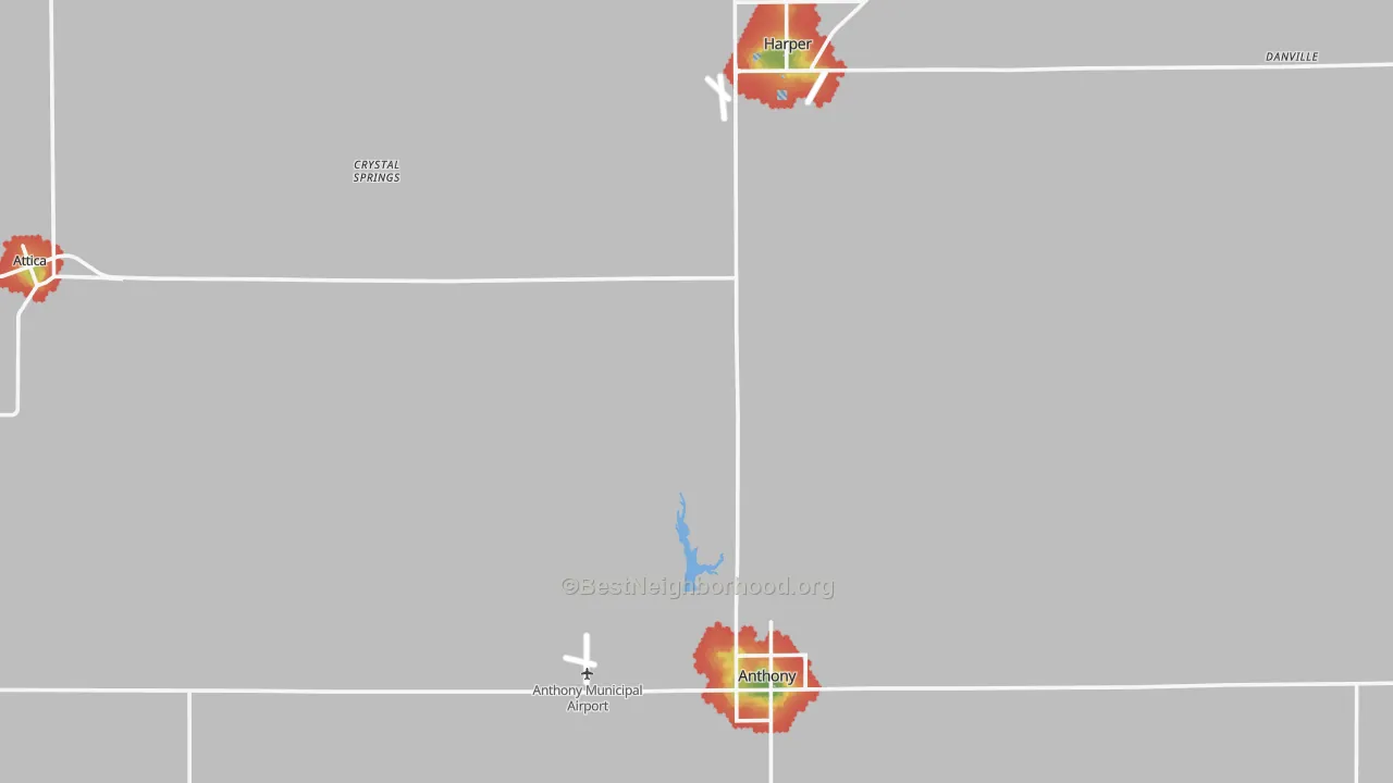 Walk Grade map of Harper County, KS, walkable areas in green and car-dependent areas in red