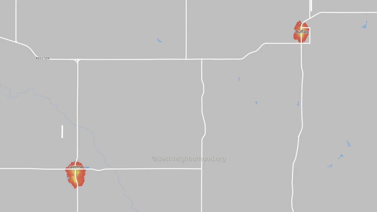 Walk Grade map of Harper County, OK, walkable areas in green and car-dependent areas in red
