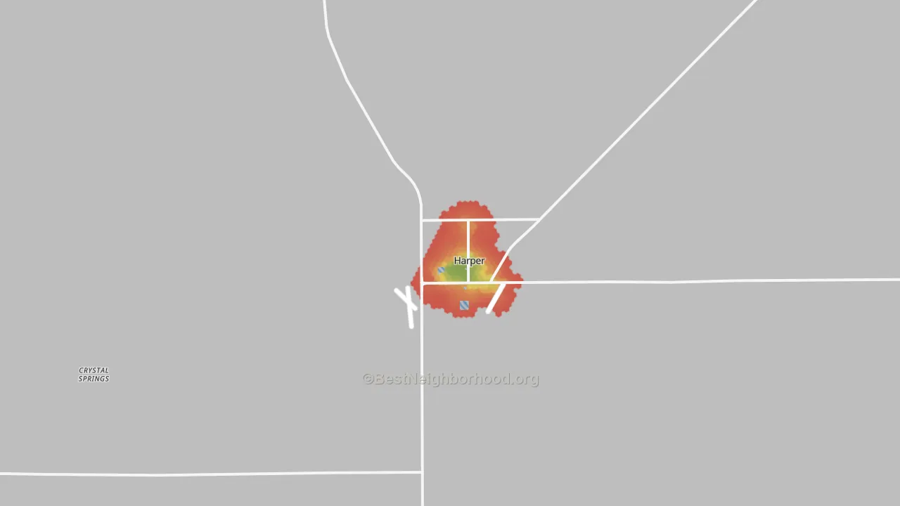 Walk Grade map of Harper, KS, walkable areas in green and car-dependent areas in red