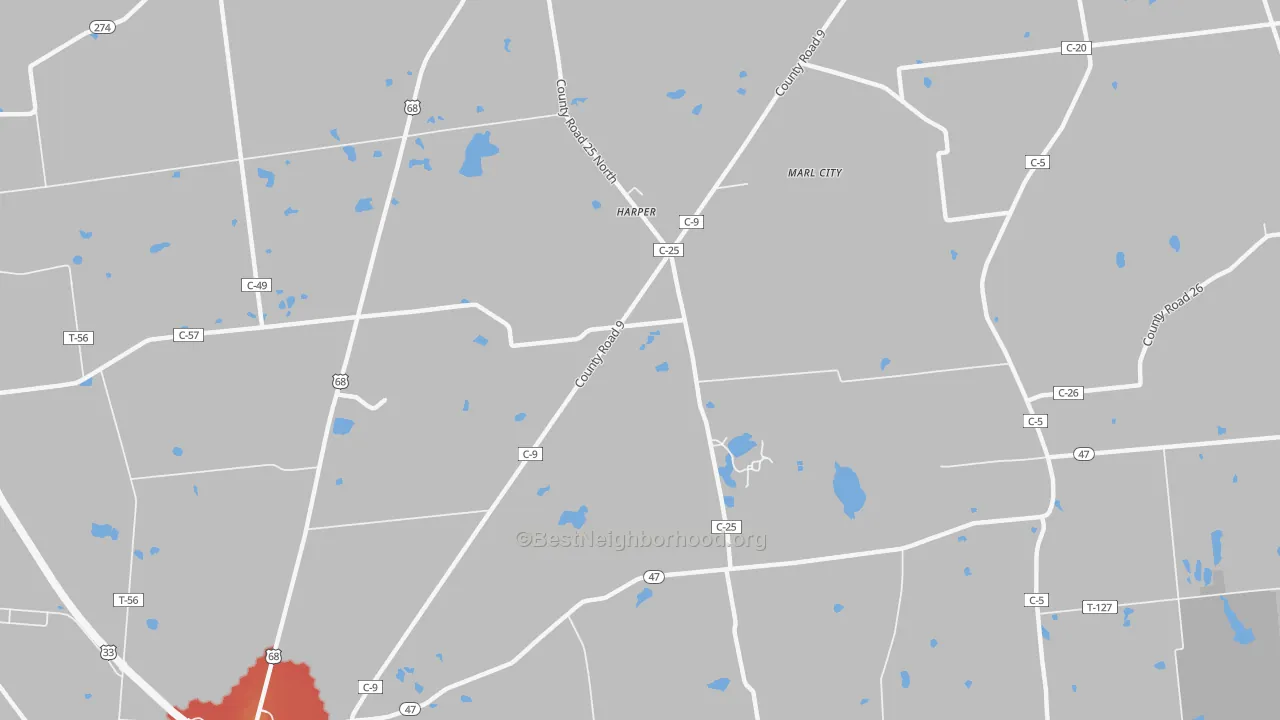 Walk Grade map of Harper, OH, walkable areas in green and car-dependent areas in red