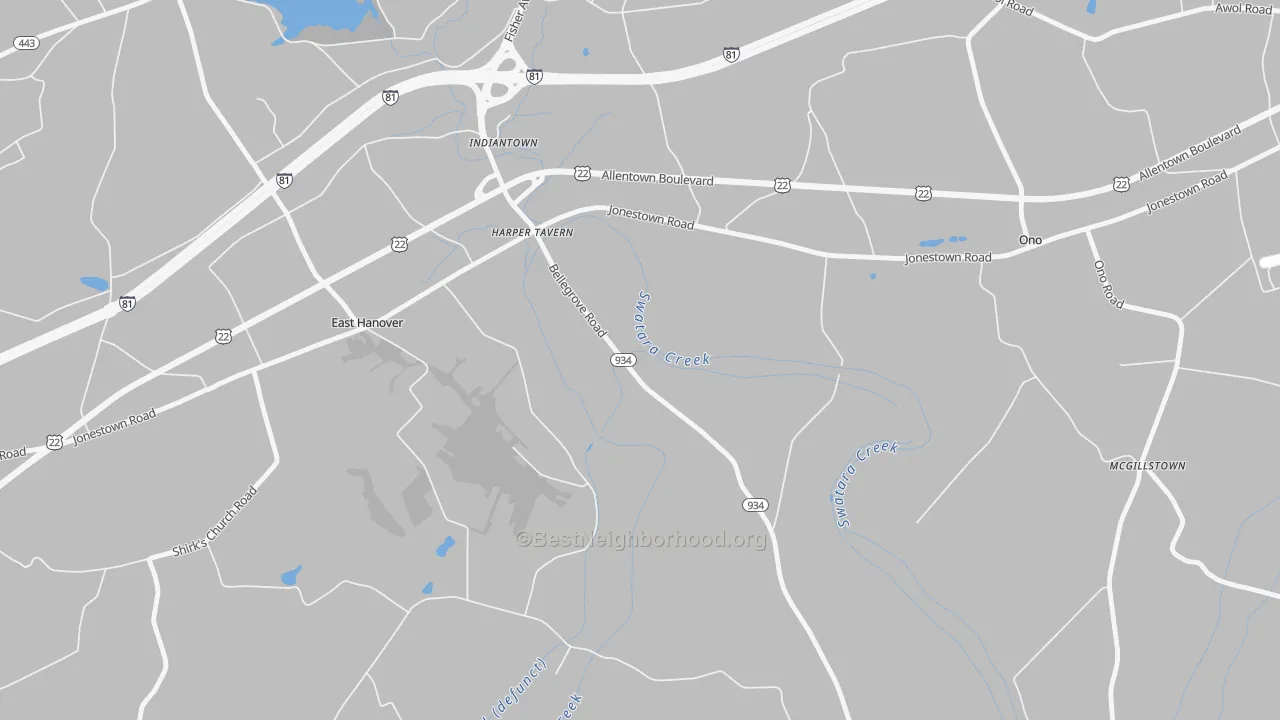 Walk Grade map of Harper Tavern, PA, walkable areas in green and car-dependent areas in red